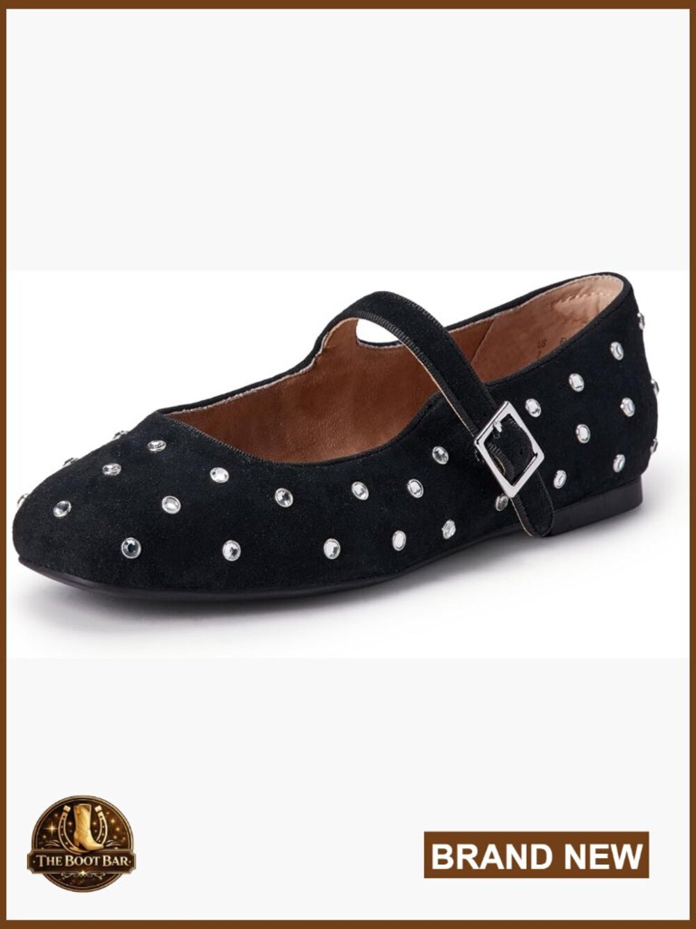 Velvet Mary Jane Ballet Flat with Buckle Strap, Rhinestone Detailing, Memory